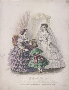 Two women and a child wearing the latest fashions, 1860. Artist: Anon