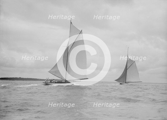 The racing cutters 'The Lady Anne' and 'Istria' running downwind, 1912. Creator: Kirk & Sons of Cowes.