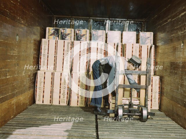Loading oranges into a refrigerator car at a co-op orange packing plant, Redlands, Calif., 1943. Creator: Jack Delano.