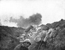 Life in the trenches in Champagne; A  torpedo explodes at some distance..., 1917. Creator: Unknown.