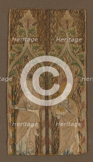 Fragment from an Orphrey Band Showing St. Barbara and St. James, England, 1350/1400. Creator: Unknown.