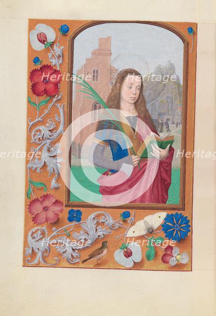 Hours of Queen Isabella the Catholic, Queen of Spain: Fol. 191v, St. Barbara, c. 1500. Creator: Master of the First Prayerbook of Maximillian (Flemish, c. 1444-1519); Associates, and.