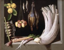  'Still Life with Game, Vegetables and Fruits',  by Juan Sanchez Cotan 1602.