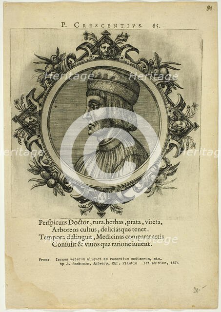 Portrait of P. Crescentius, published 1574. Creators: Unknown, Johannes Sambucus.