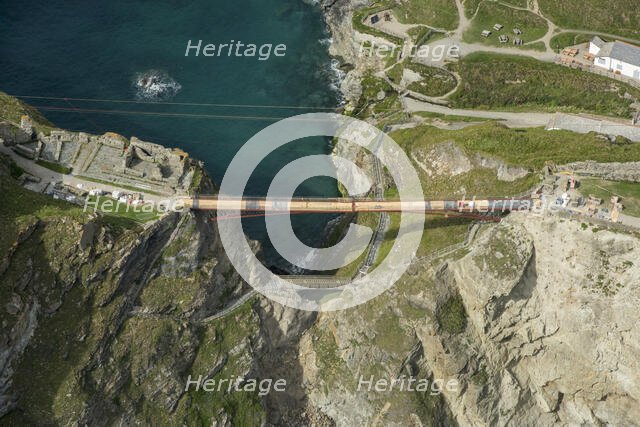 Construction of new Tintagel Castle footbridge, Cornwall, 2019. Creator: Damian Grady.