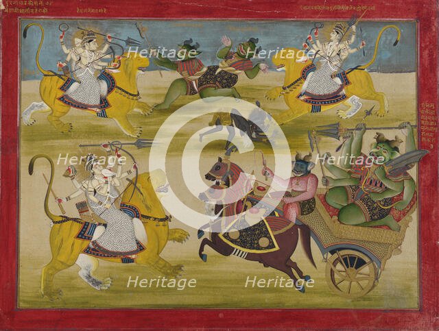 Durga fighting the rakshashas Shunga and Nishunga, from a Devi Mahatmya, mid 19th century. Creator: Unknown.