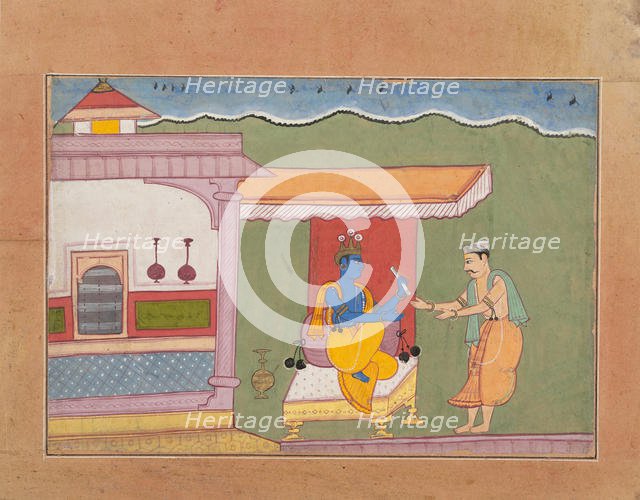 The Brahmin Delivers Rukmini's Letter to Krishna...from a Dispersed Bhagavata Purana..., ca. 1610. Creator: Unknown.