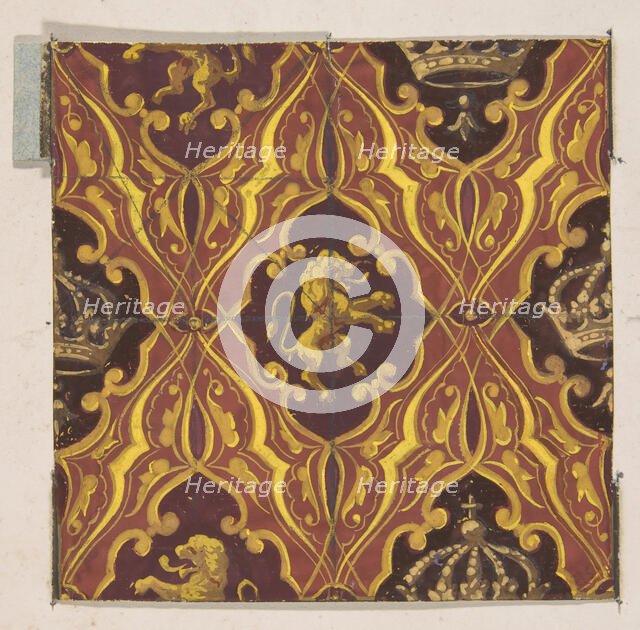 Design for wallpaper featuring rampant lions and crowns, 1830-97. Creators: Jules-Edmond-Charles Lachaise, Eugène-Pierre Gourdet.