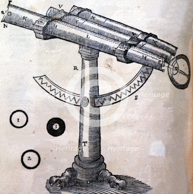 Schematic drawing of an old telescope in the cover of 'Principia Philosophiae' by René Descartes,…