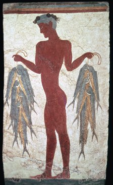 Minoan fresco showing a boy with fishes, 20th century. Artist: Unknown