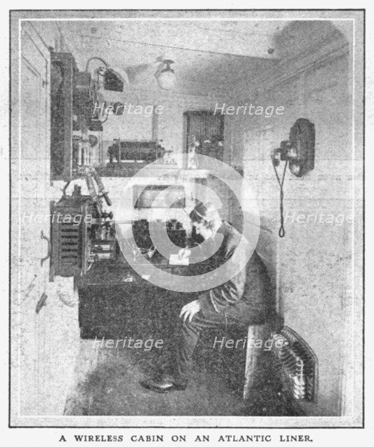 'A Wireless Cabin on an Atlantic Liner', 20 April, 1912. Creator: Unknown.