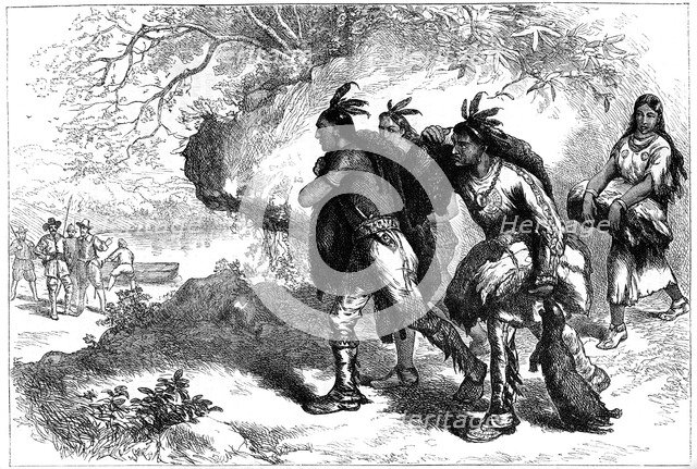 Native Americans bringing beaver skins to European traders, 17th century (c1880). Artist: Unknown