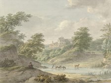Landscape with a seated draftsman and a castle on the water, 1754-1820. Creator: Hermanus Numan.