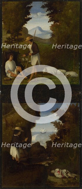 Scenes from Tebaldeo's Eclogues. Thyrsis finds the Body of Damon, c. 1510. Artist: Previtali, Andrea (ca 1480-1528)