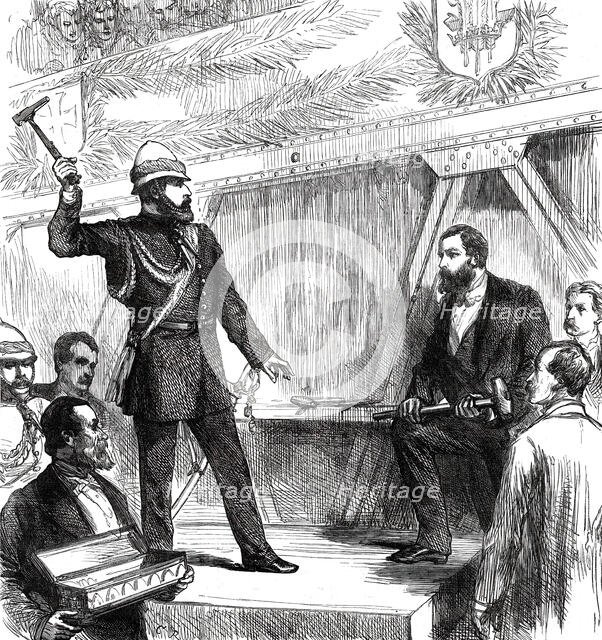 The Prince of Wales riveting the last bolt of the Alexandra Railway Bridge in the Punjaub...1876. Creator: Unknown.