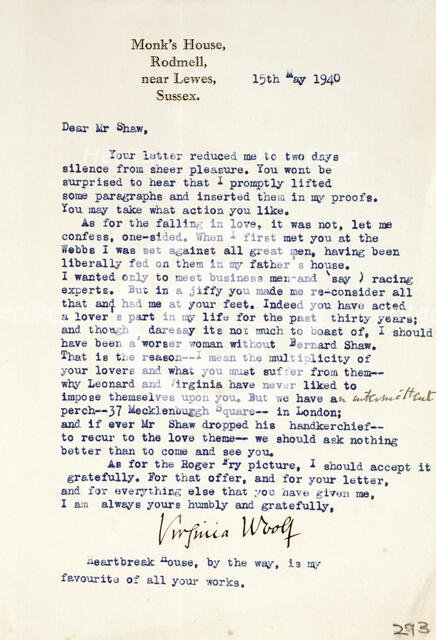 Letter of admiration and love from Virginia Woolf to George Bernard Shaw, 1940. Creator: Virginia Woolf.
