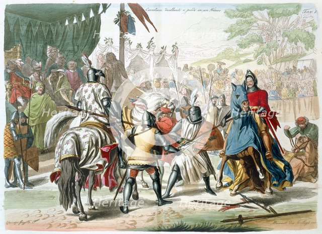 Knights duelling on foot in a tournament, 19th century. Artist: G Lago