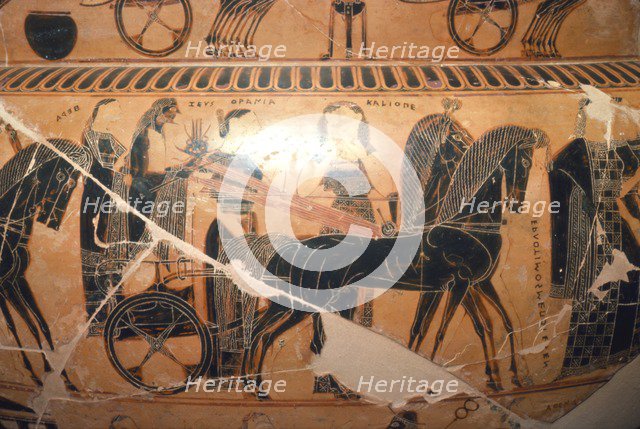 Detail of Zeus and Hera in a chariot with Kaliope from the Francois Vase, c6th century BC Artists: Ergotimos, Kleitias.