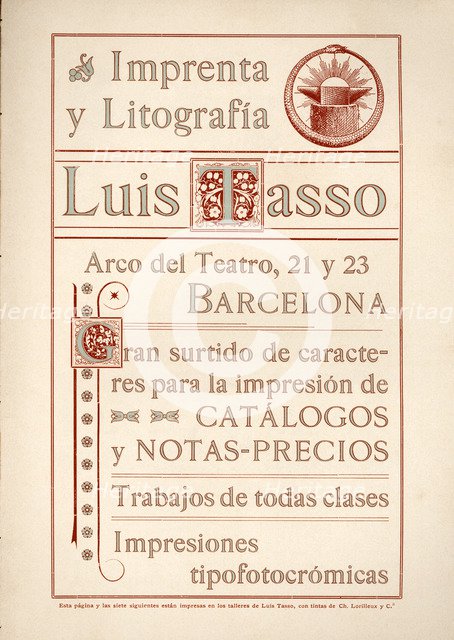 Modernist advertising of the printing house and lithography Luis Tasso. Barcelona, 1900.