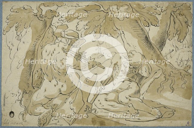 Faun playing flute sleeping shepherd (Merkurius o Argus). Creator: Abraham Bloemaert.