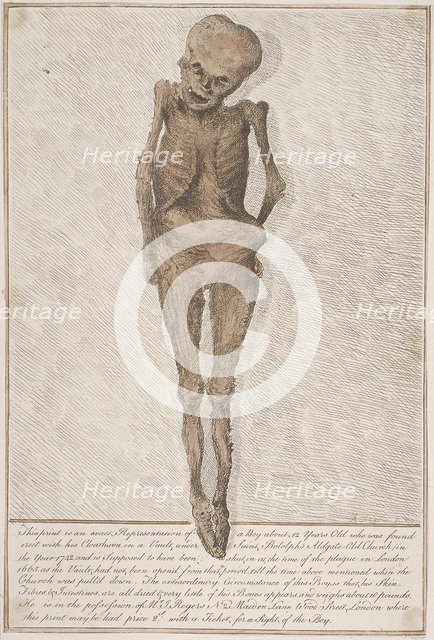 Skeleton of boy found in the vault at St Botolph, Aldgate, London, 1742. Artist: HA Rogers