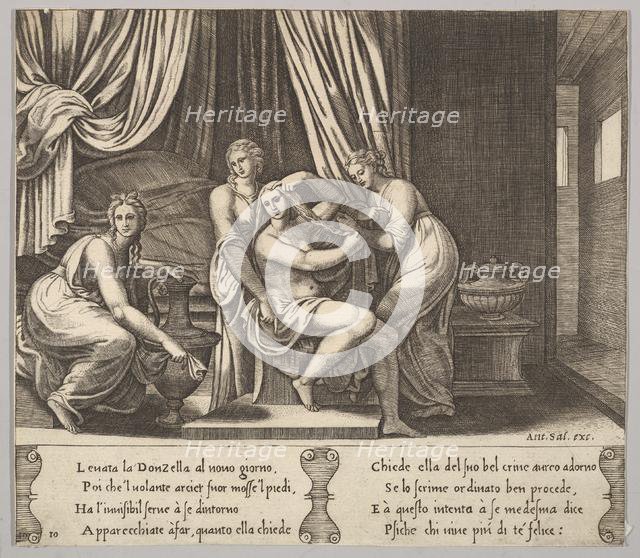 Plate 10: nymphs assisting Psyche to dress her hair, from 'The Fable of Psyche', 1530-60. Creator: Master of the Die.