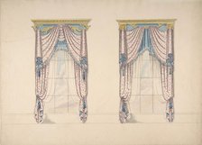 Design for Pink, White and Blue Curtains with Blue Fringes, and Gold and Blue Pediments, c1820. Creator: Anon.