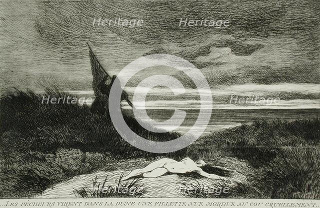 Le Werwolf. Inscription: Les pêcheurs virent dans la dune une fillette nue mordue au cou..., 1867. Creator: Félicien Rops.
