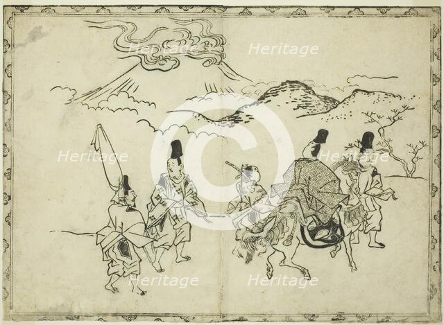 Narihira's Eastern Journey, from the illustrated book "Panorama of Paintings on Screens..., 1682. Creator: Hishikawa Moronobu.