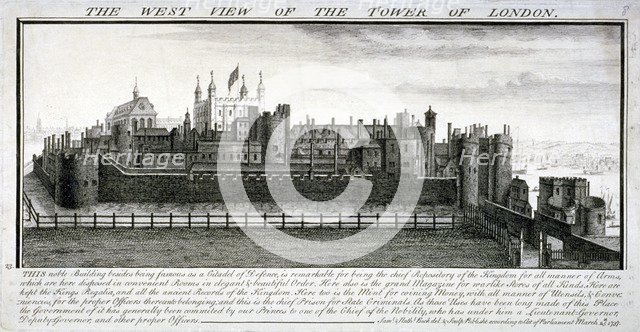 West view of the Tower of London, with a description, 1737. Artist: Samuel Buck
