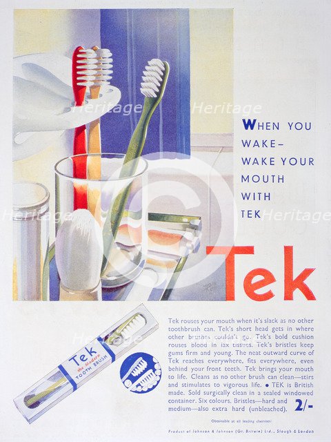 Advert for Tek toothbrushes, by Johnson and Johnson, 1931. Artist: Unknown