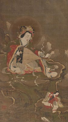 Benzaiten playing a biwa, ca 1400. Creator: Anonymous.