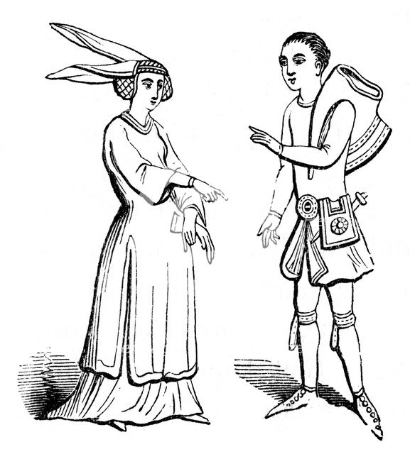 Male and female costume, c1350, (1910). Artist: Unknown