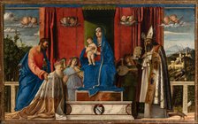 Enthroned Madonna and Child, two musical angels, Saint Mark, Saint Augustine and Doge..., 1488. Creator: Bellini, Giovanni (1430-1516).