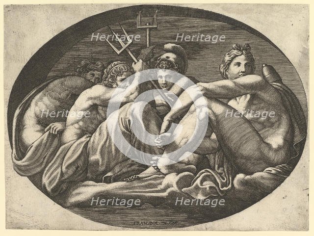 Pluto, Neptune, Minerva and Apollo, from a series of eight compositions after Francesco P..., 1560s. Creator: Giorgio Ghisi.