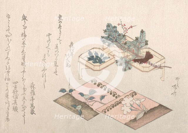 Spring Rain Collection (Harusame shu), vol. 2: Pine Shoots and Accoutrements for N..., 19th century. Creator: Shinsai.