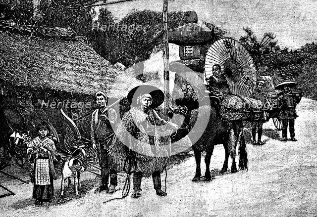 Japan. Chinese-Japanese War. Japanese villagers carrying supplies for the army. Engraving from 1894.