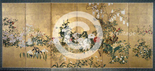 Screen with spring and summer flowers, early 18th century. Artists: Unknown, Watanabe Shiko.