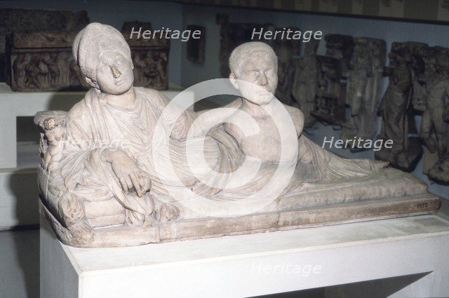Sarcophagus woman holds bust of husband, c100-c110. Artist: Unknown.