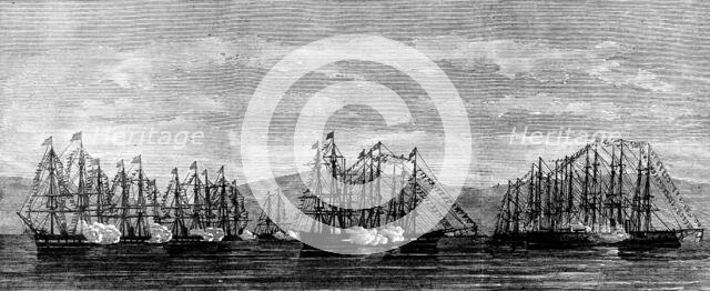 The Coronation in Norway: the British, German and Swedish Squadrons...firing a royal salute, 1873. Creator: Unknown.