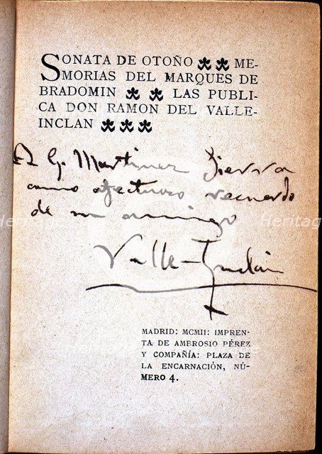 Cover 'Autumn Sonata - Memoirs of the Marquis of Brandomin', by Valle Inclan with autograph inscr…