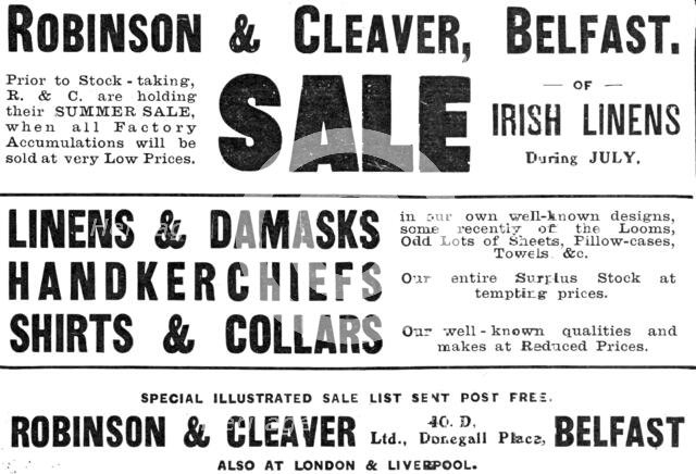 Robinson & Cleaver, Belfast - sale of Irish linens, 1909. Creator: Unknown.