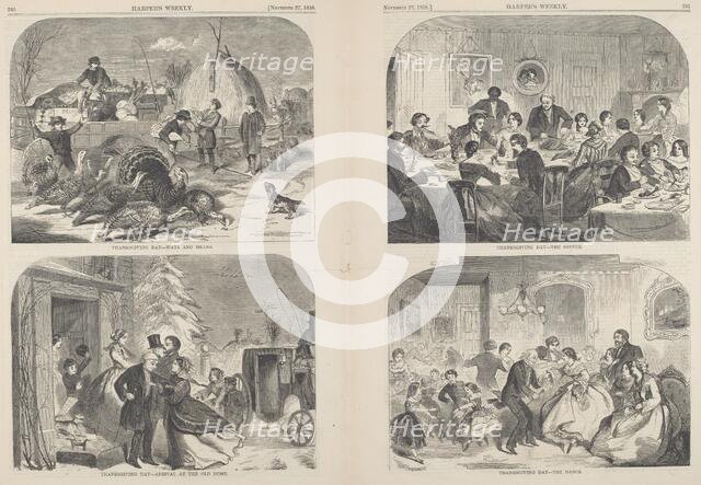 Thanksgiving Day - Ways and Means [upper left], published 1858. Creator: Winslow Homer.