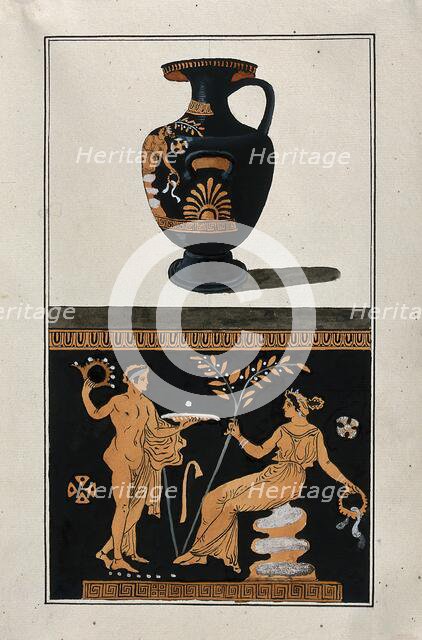 Above, red-figured Greek water jar (hydria); below, detail of decoration showing a seated..., 1760-9 Creator: Augustin Dahlsteen.