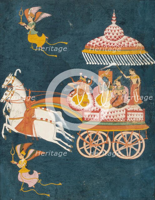 Krishna and Rukmini as Groom and Bride in a Celestial Chariot Driven by Ganesha, c1675-1700. Creator: Anon.