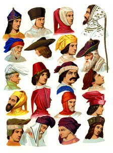 Men's hats of different classes of society, 13th-16th century (1849).Artist: Thurwanger Freres