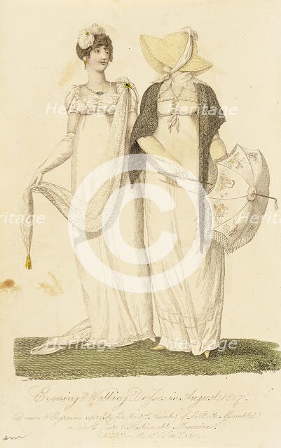 Fashion Plate (Evening & Walking Dresses in August 1807), 1807. Creator: John Bell.