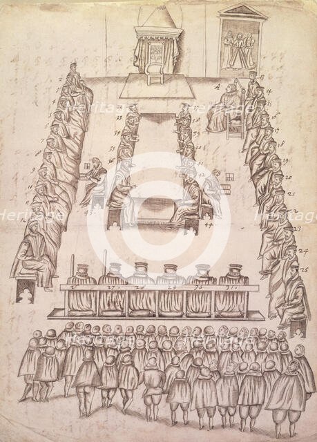 Trial of Mary, Queen of Scots in the Great Chamber at Fotheringhay castle, Oct 1586. Creator: Robert Beale.