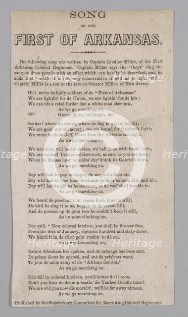 Printed lyrics for the "Song of the First of Arkansas", 1864. Creator: Unknown.