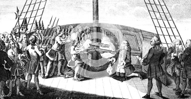 The shooting of Admiral Byng on board the 'Monarque', 1757. Artist: Unknown